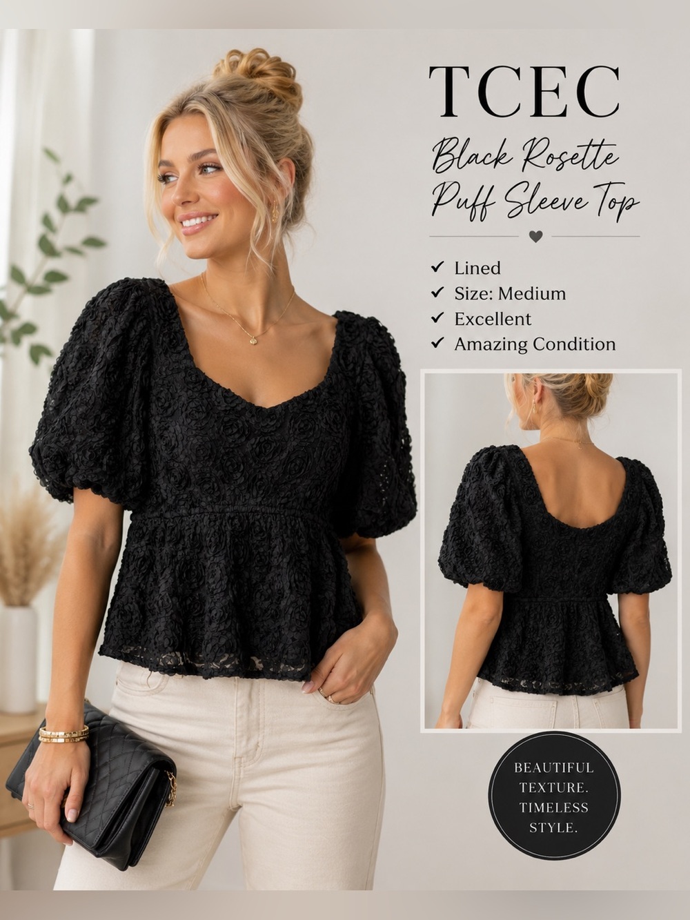 TCEC Black Rosette Floral Puff Sleeve Peplum Top Medium